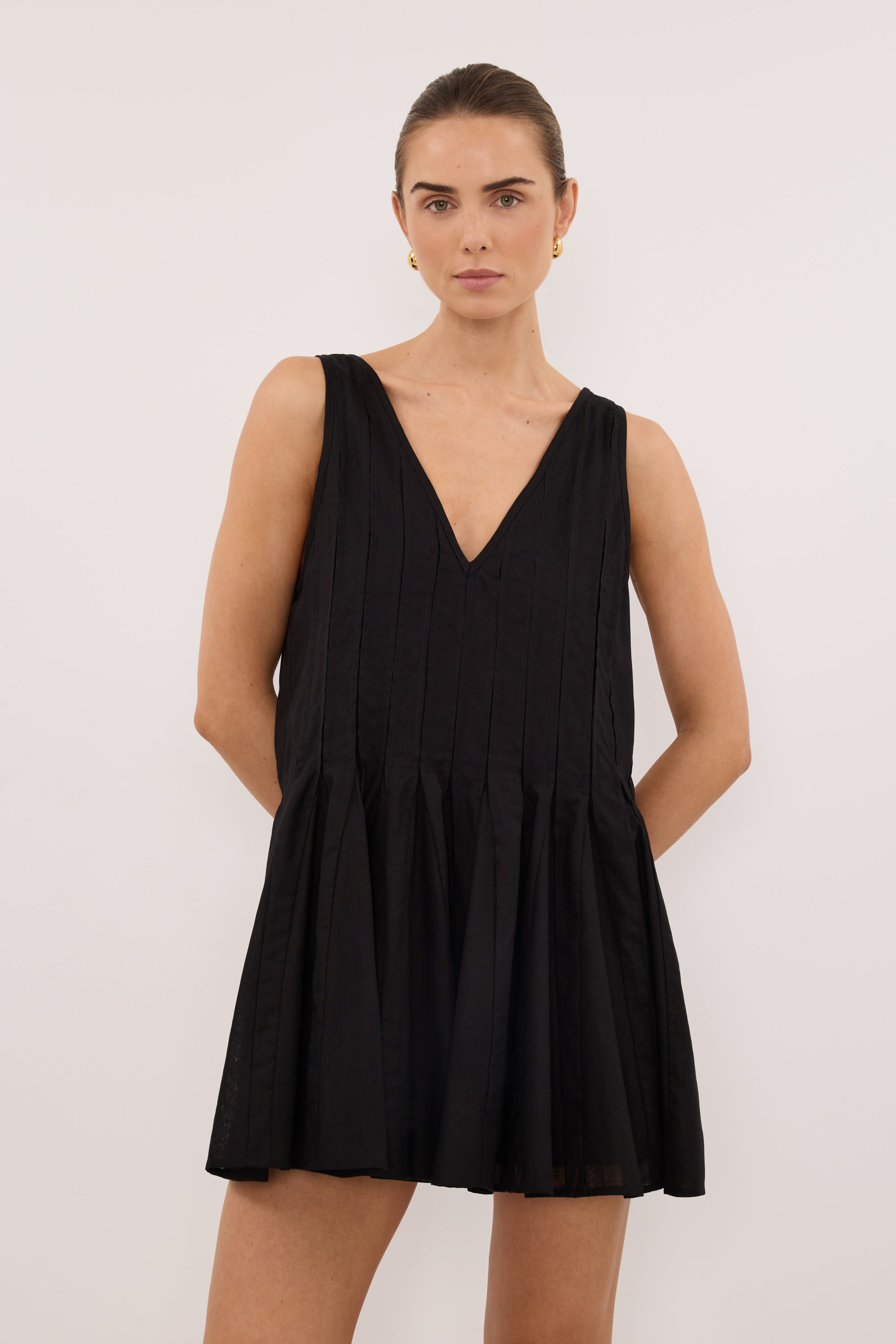 linen blend godet mini dress Pixie Linen Mini Godet Dress in Black By DISSH