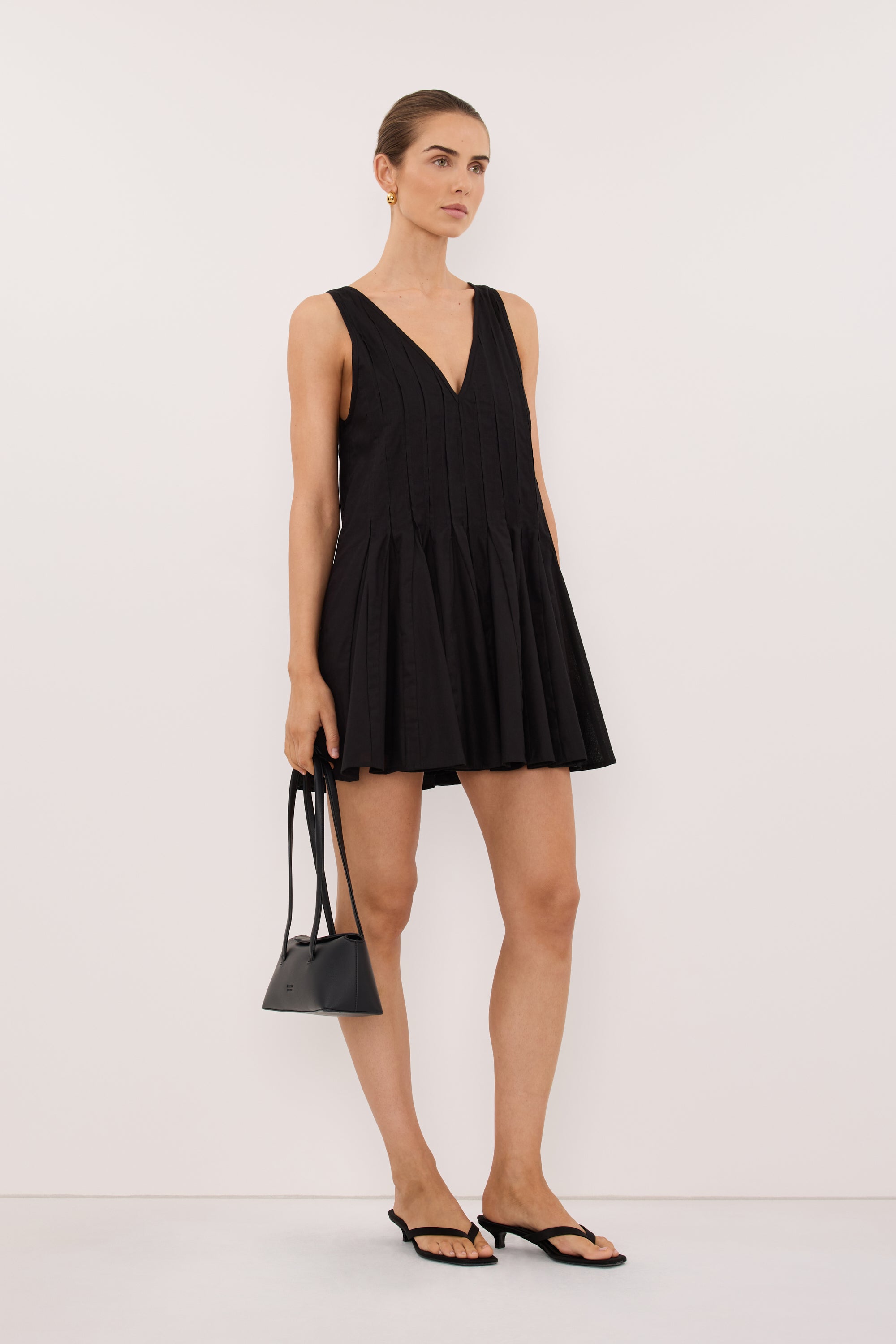 linen-blend godet mini dress Pixie Linen Mini Godet Dress in Black By DISSH