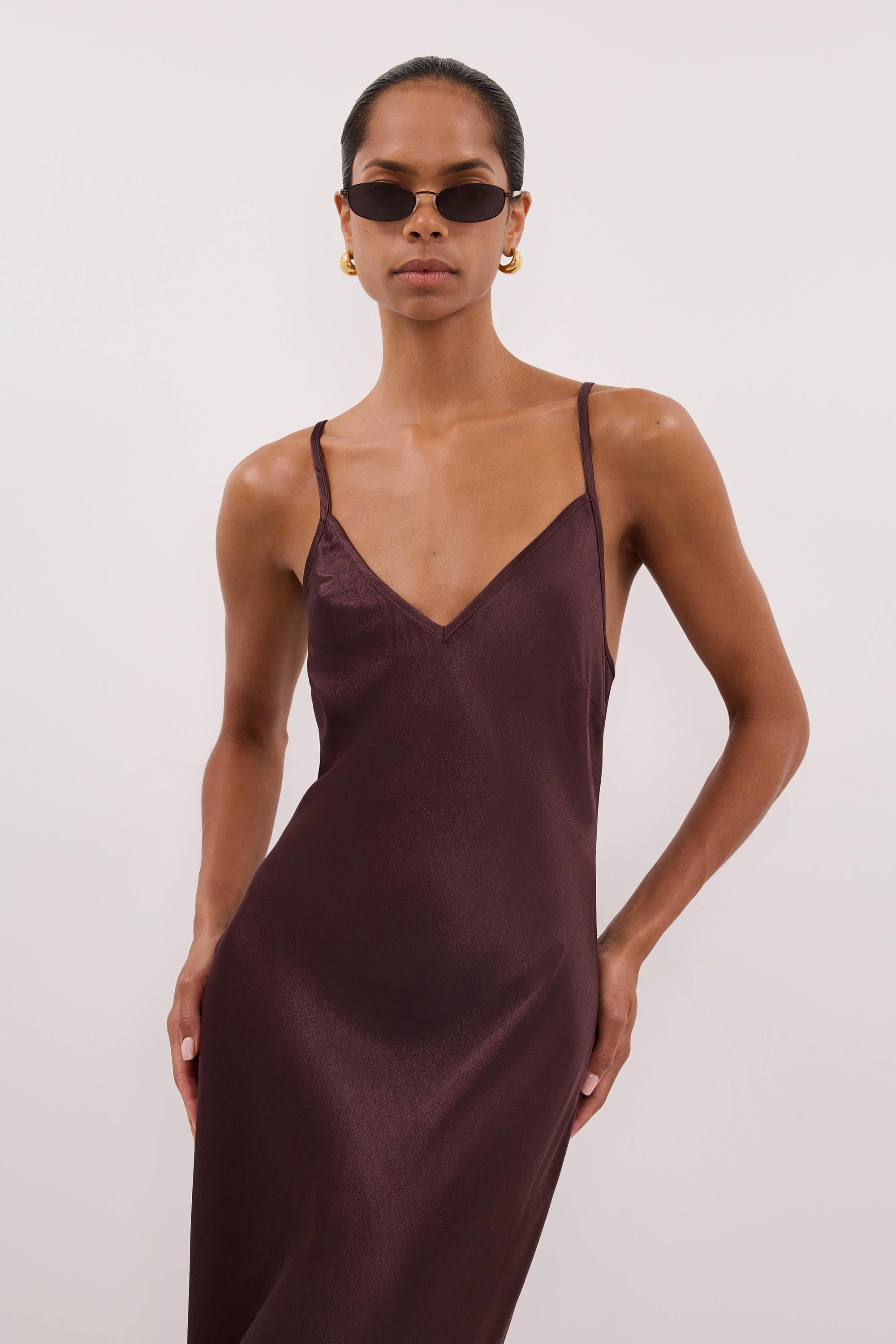 Joey Satin Maxi Dress in Plum Choc By DISSH Joey Satin Maxi Dress in Plum Choc By DISSH