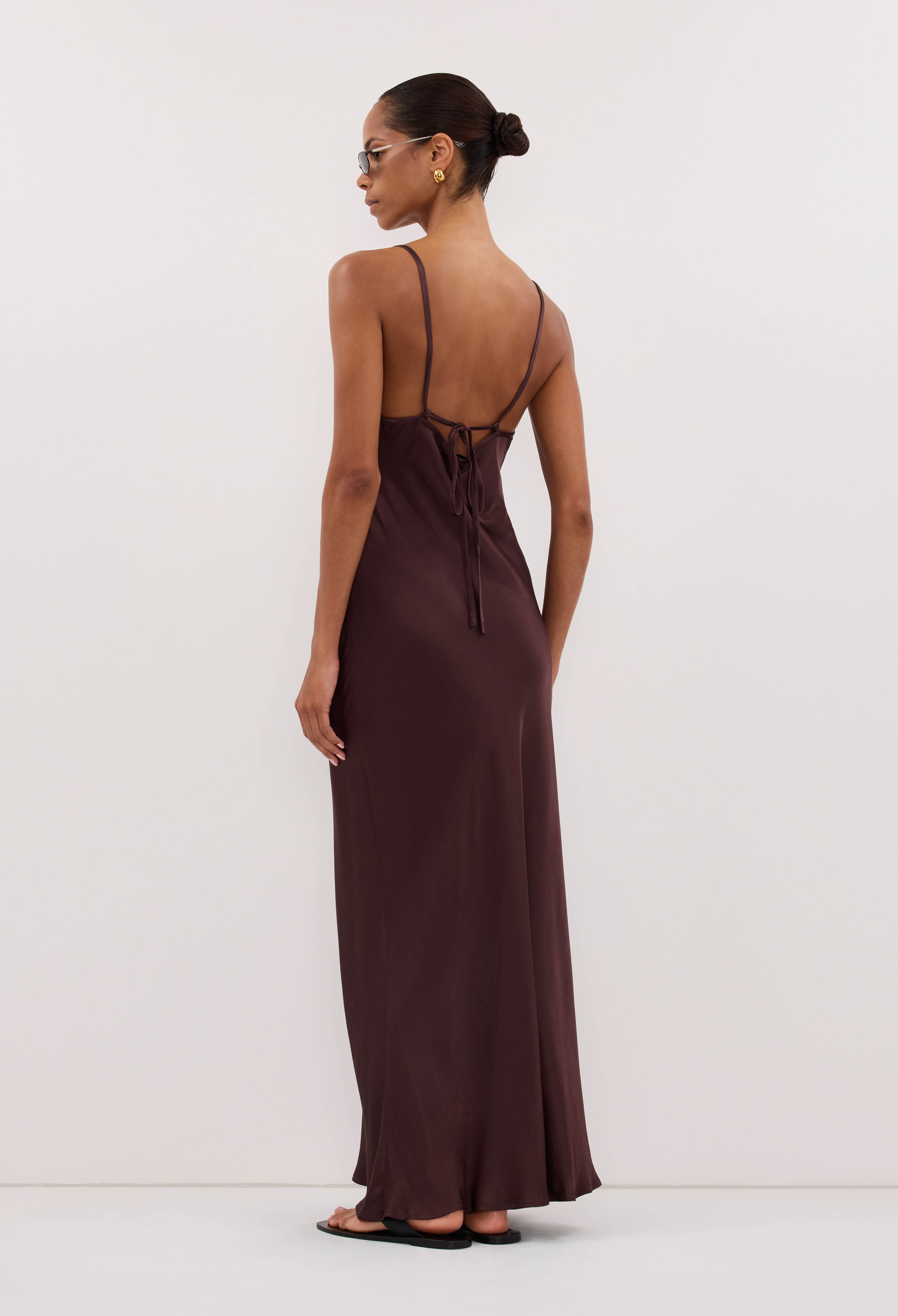 Joey Satin Maxi Dress in Plum Choc By DISSH