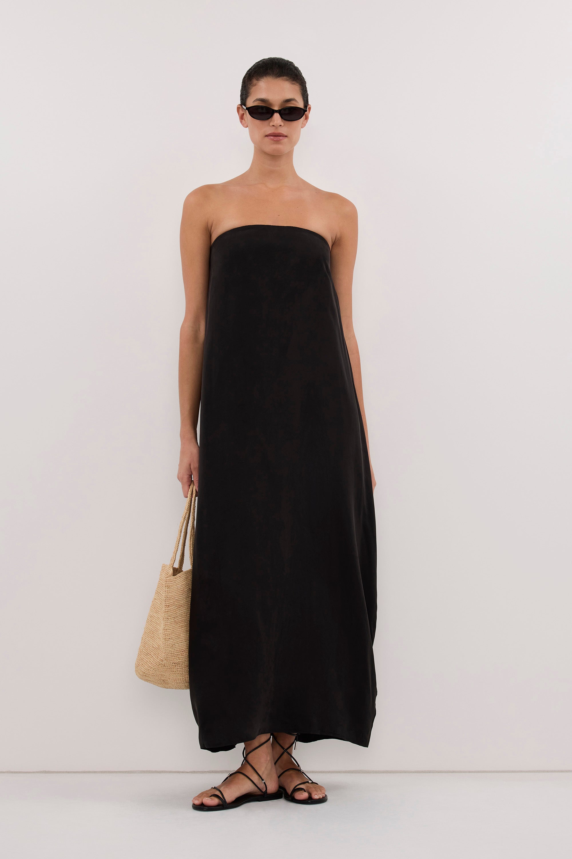 EDITH BLACK CUPRO STRAPLESS COCOON DRESS