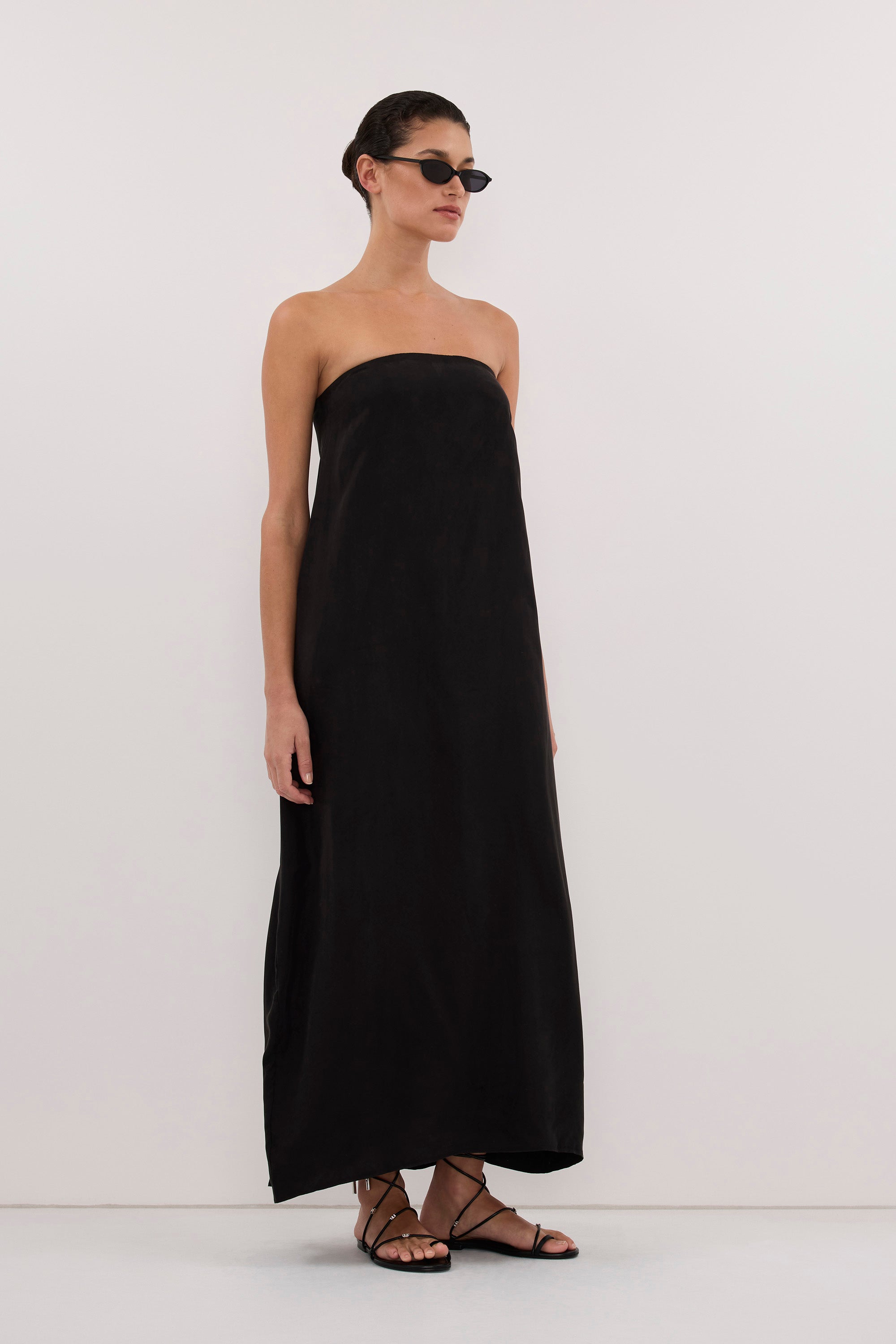 EDITH BLACK CUPRO STRAPLESS COCOON DRESS