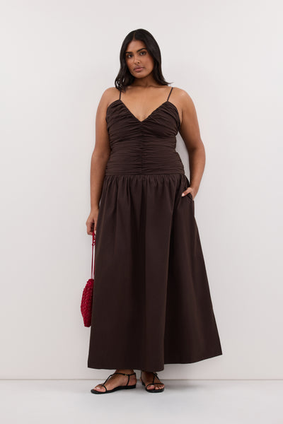 Shanaya wearing ALEXIA BURNT CHOC COTTON MIDI DRESS
