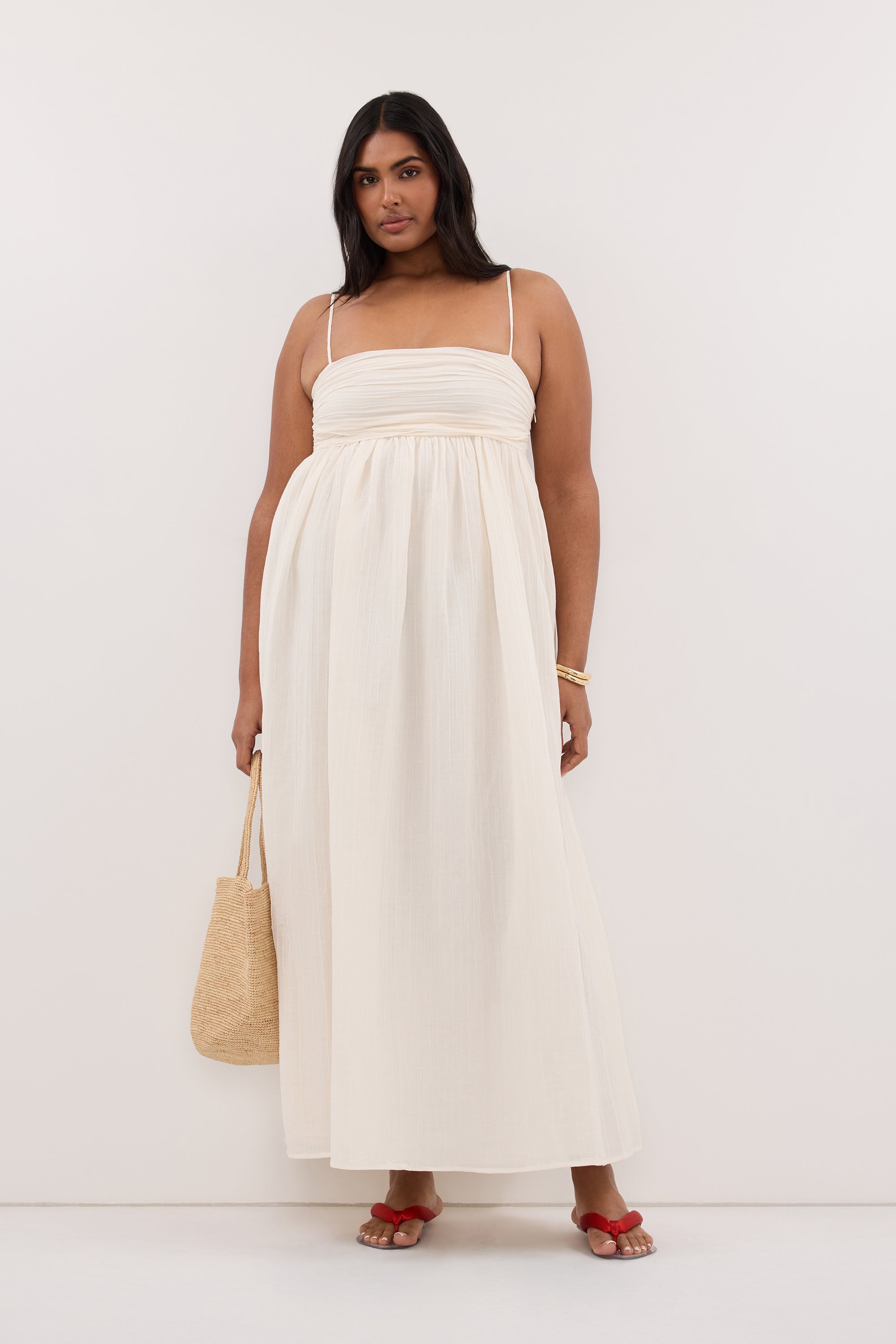 Casey Crinkle Ramie Sleeveless Midi Dress in Ivory By DISSH