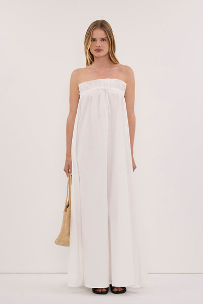 Zoe wearing BERNICE WHITE PAPERBAG MIDI DRESS
