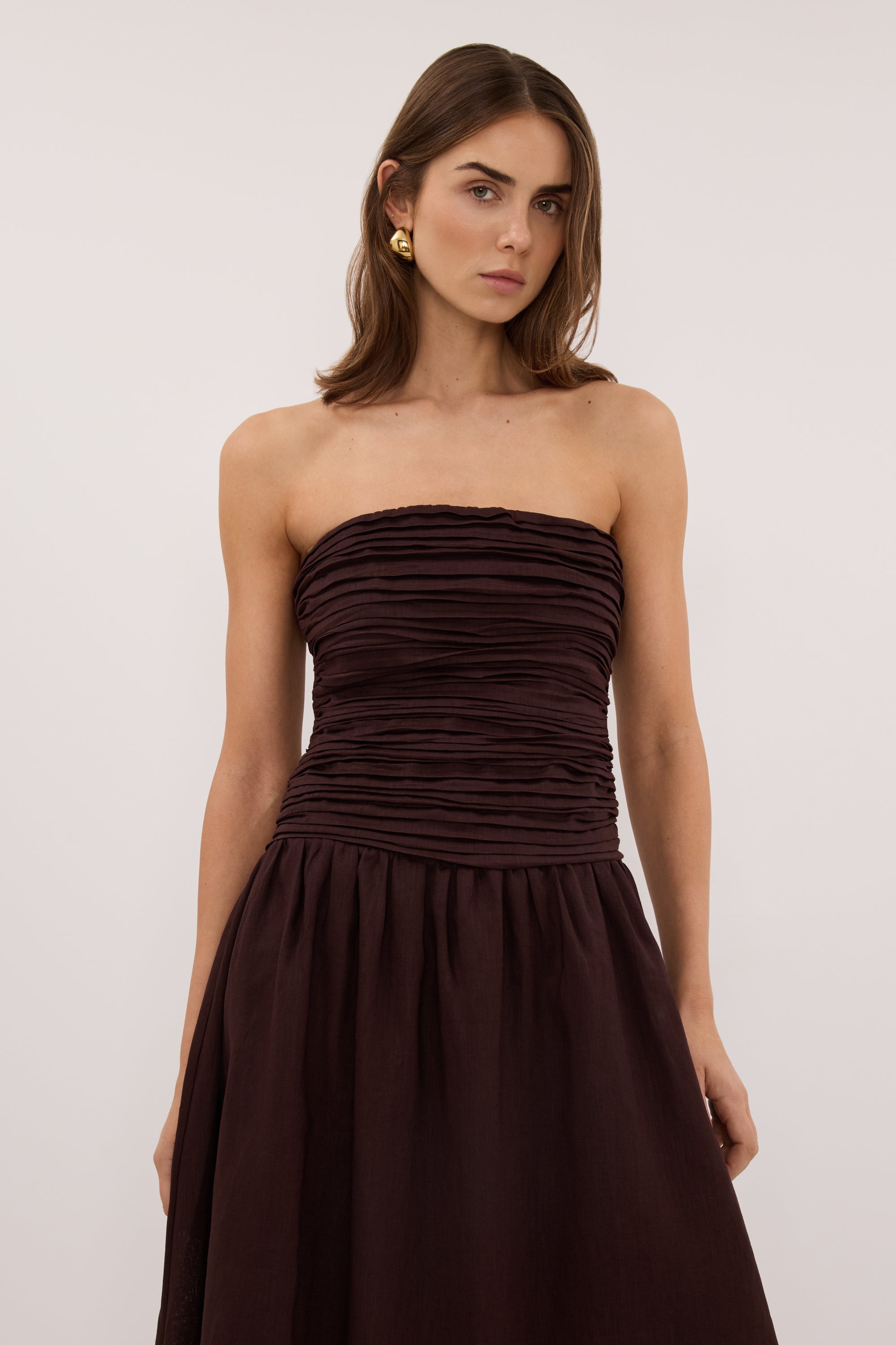 AUBRIELLA BURNT CHOC LINEN MIDI DRESS