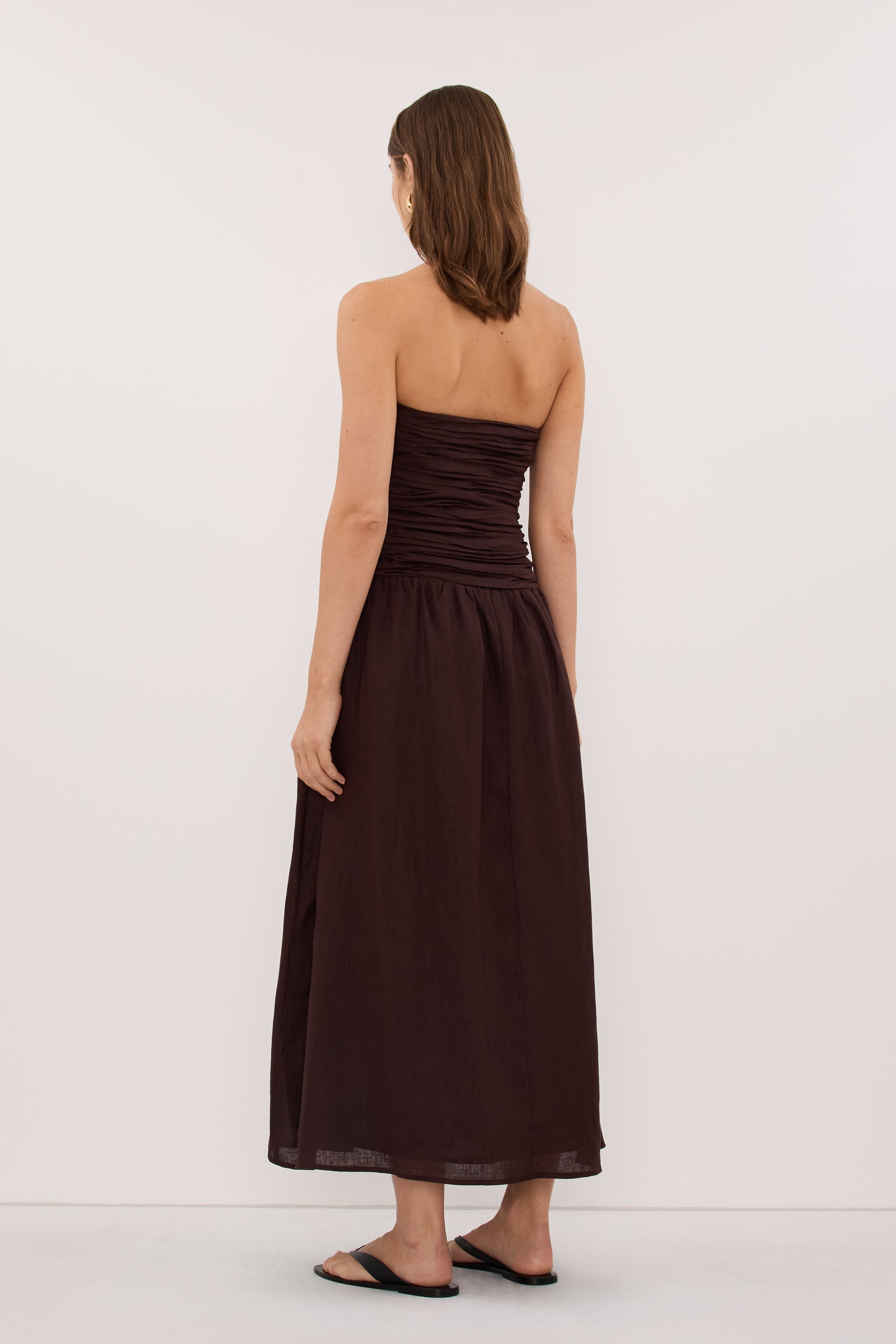 Aubriella Linen Midi Dress in Burnt Choc By DISSH