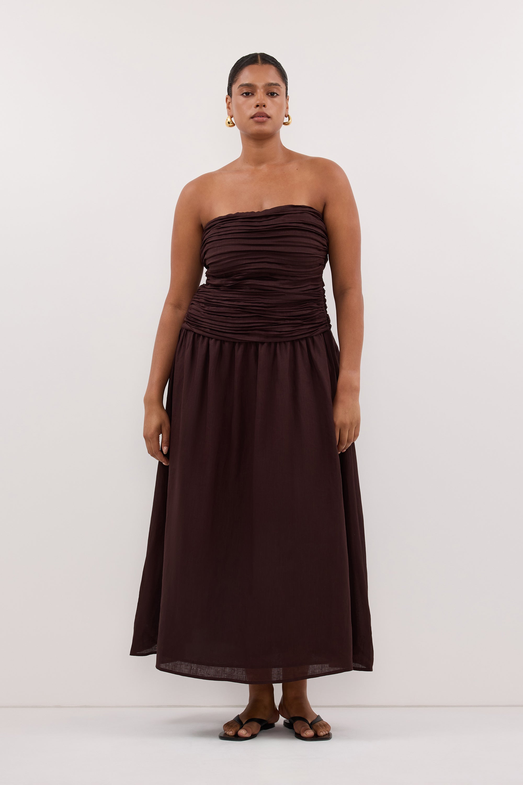 Aubriella Linen Midi Dress in Burnt Choc By DISSH