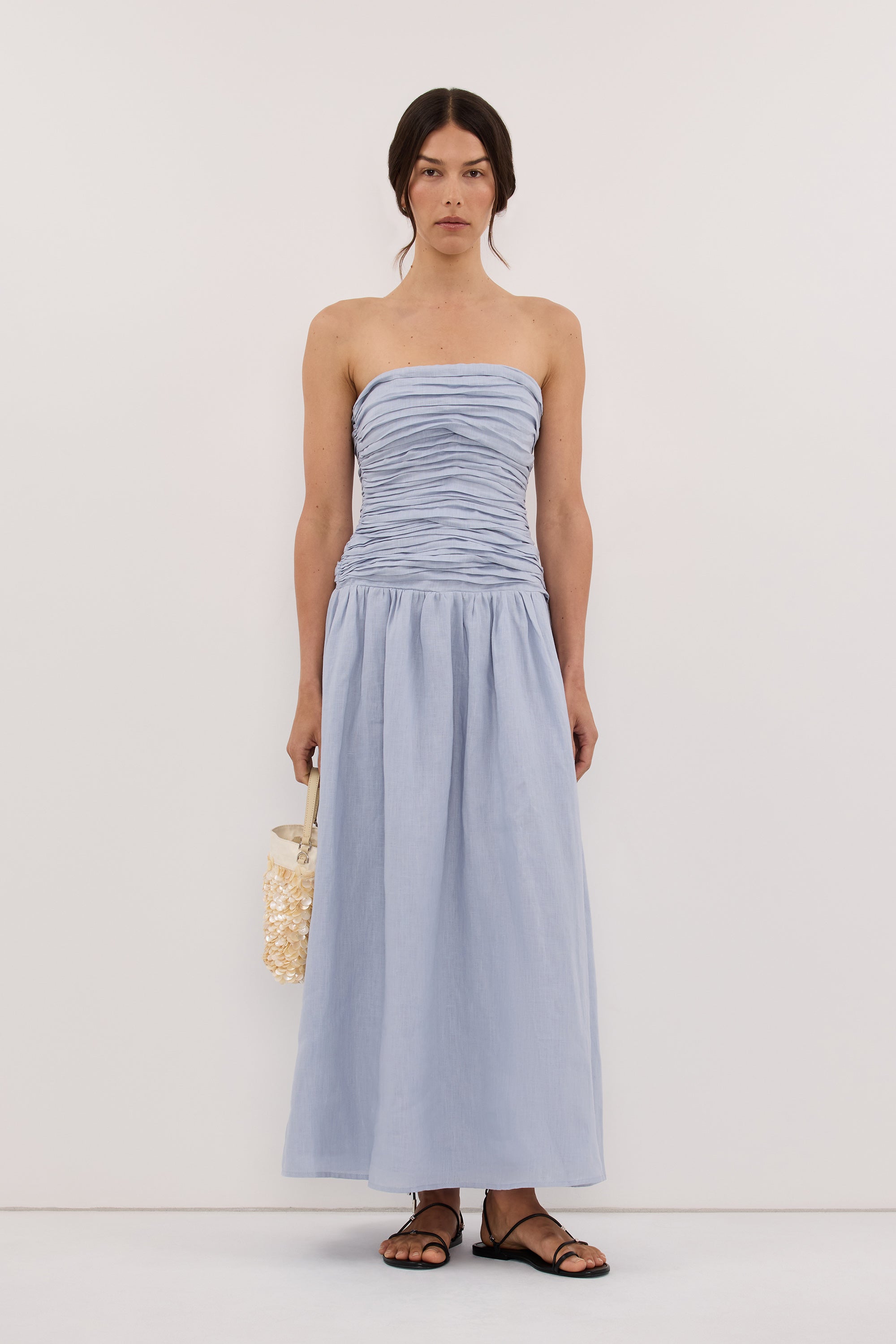 AUBRIELLA DUSTY BLUE LINEN MIDI DRESS