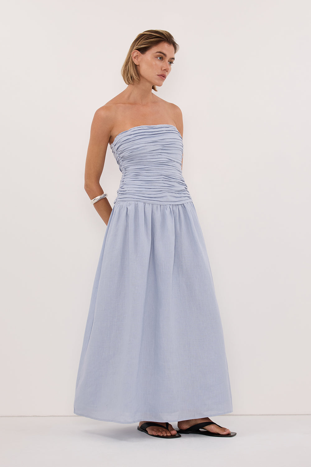 AUBRIELLA DUSTY BLUE LINEN DRESS DISSH AUBRIELLA DUSTY BLUE LINEN DRESS DISSH