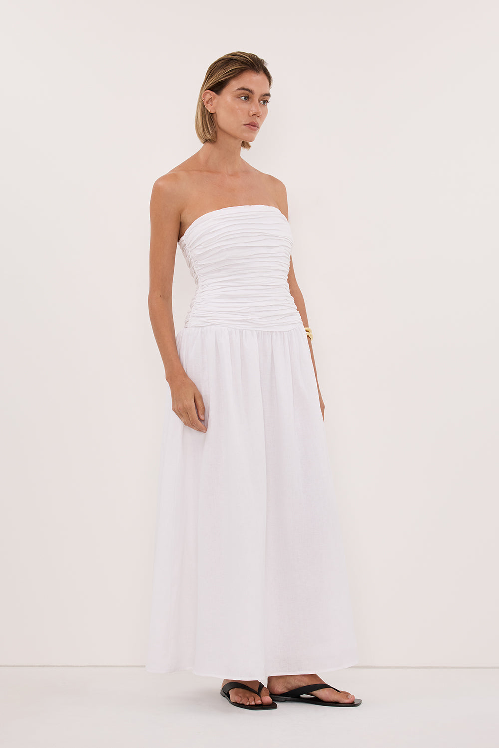 white linen strapless midi dress Strapless Linen Midi Dress