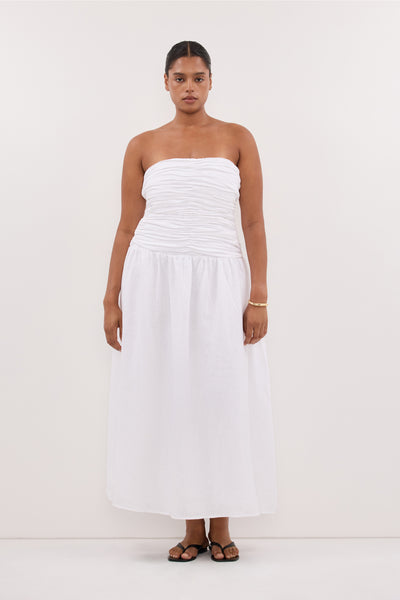 Amanda wearing AUBRIELLA WHITE LINEN MIDI DRESS
