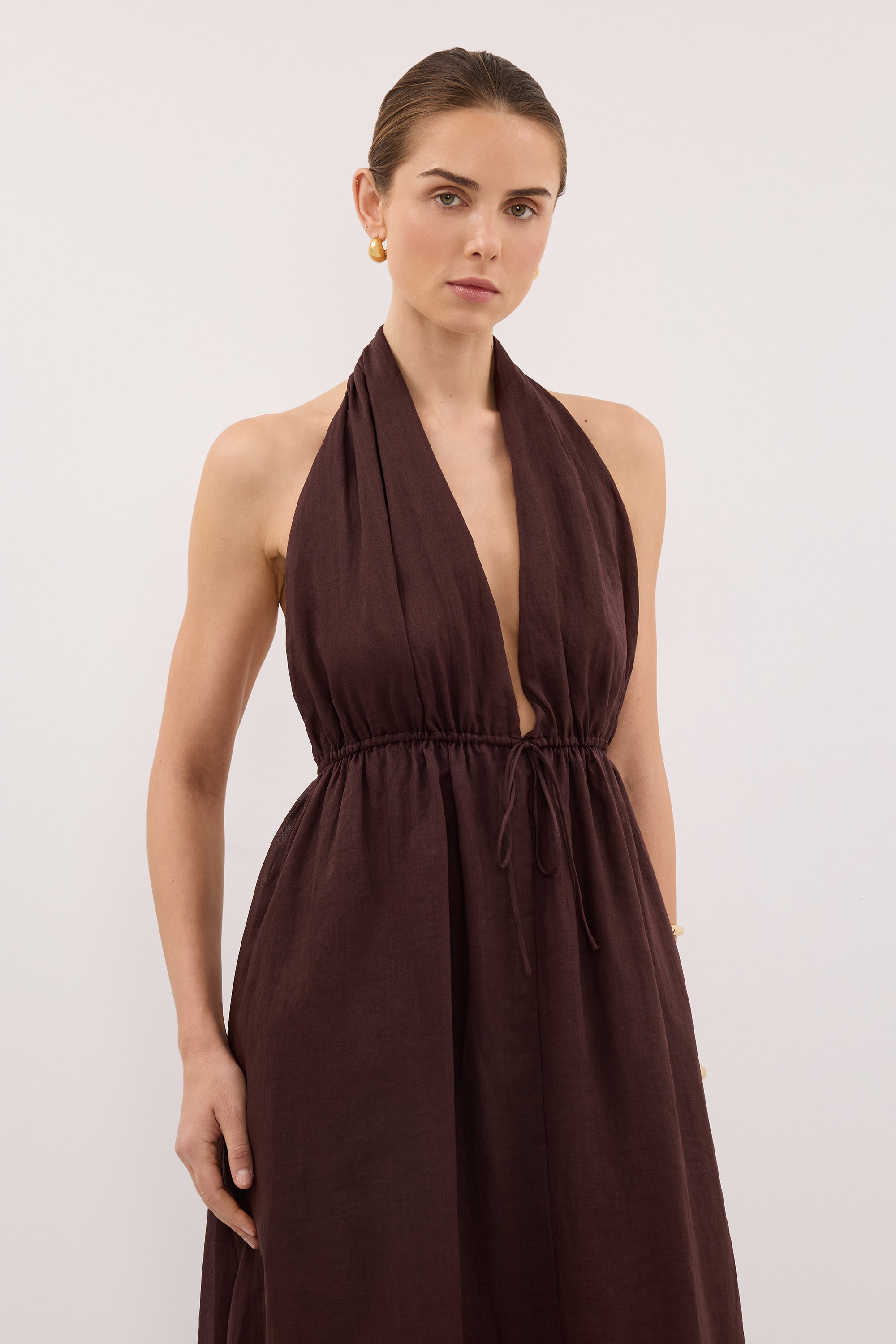 SAMMI BURNT CHOC RAMIE MIDI DRESS