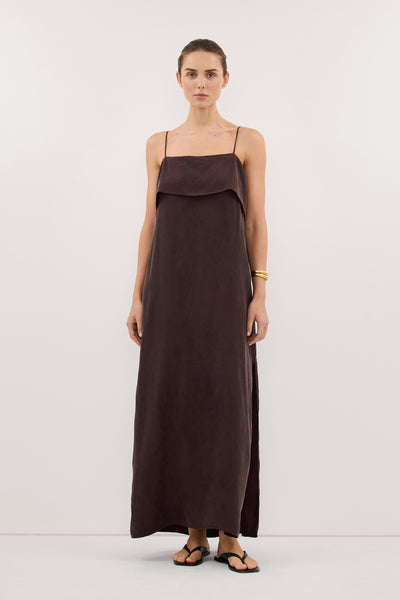Stas wearing IDA PLUM CHOC CUPRO MIDI DRESS