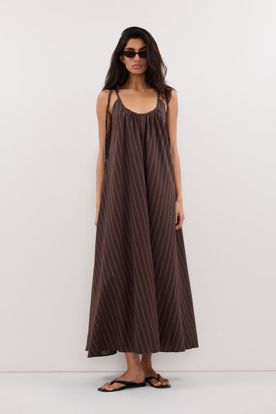 Anaya wearing FABLE CHOC STRIPE MIDI DRESS