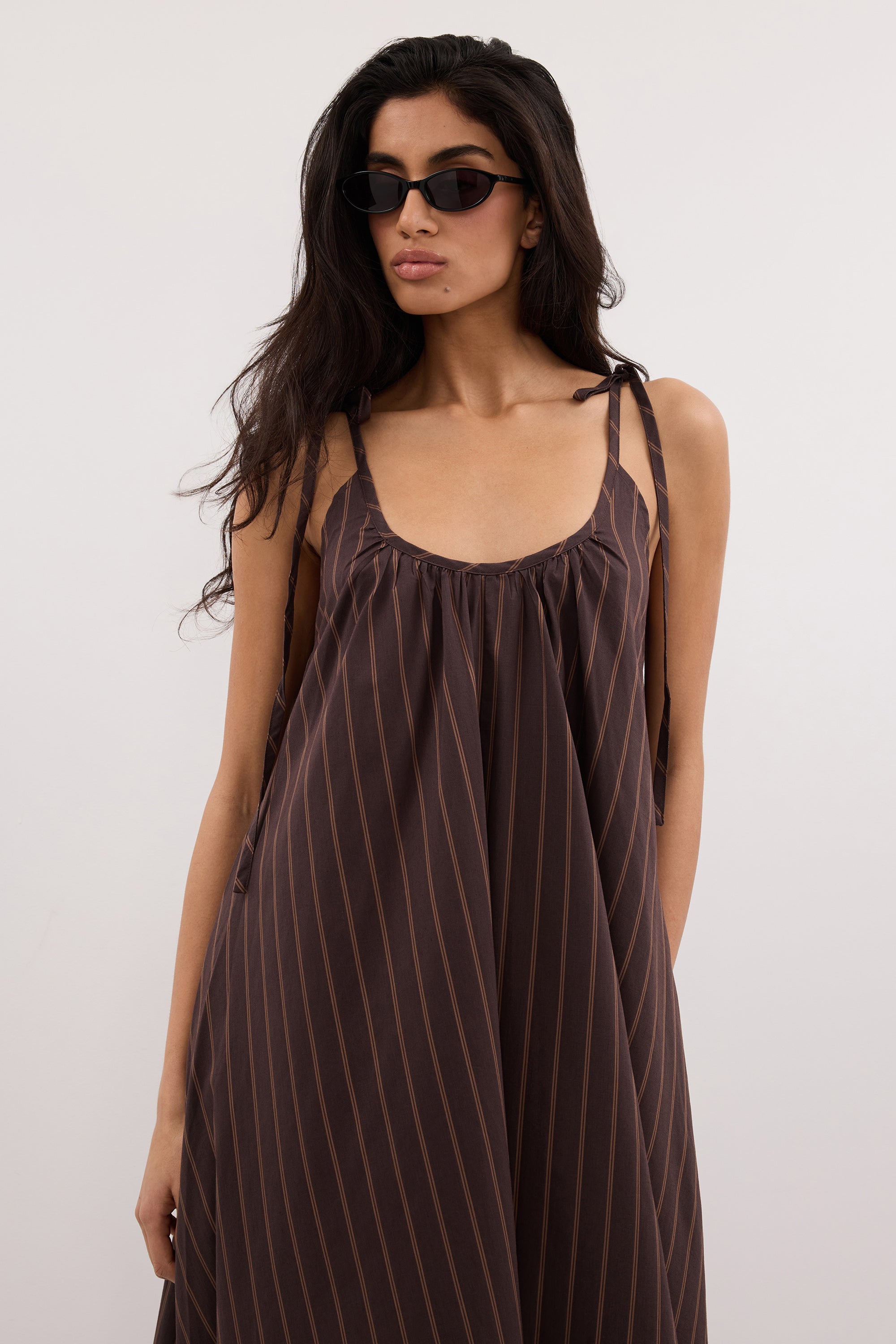 Fable Stripe Sleeveless Midi Dress in Chocolate By DISSH