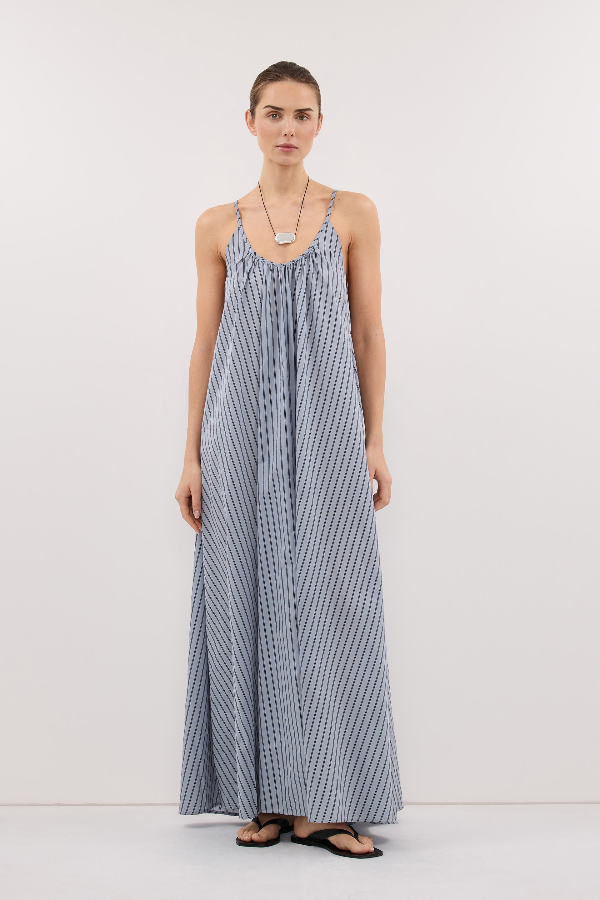 dissh blue dress Fable Stripe Sleeveless Midi in Dusty By Collection-Special-Occassions Sleeveless 100% linen midi Color:Peach (Photo) Cocomelody A-Line Court Train