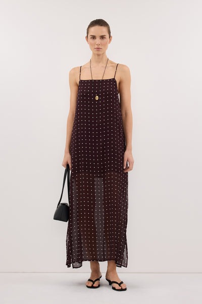Stas wearing VANESSA BITTER CHOC SLEEVELESS MIDI DRESS