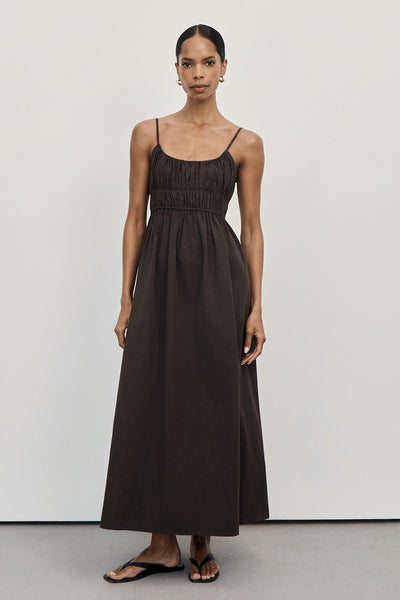 Kristen wearing ZAHARA BITTER CHOC COTTON MIDI DRESS