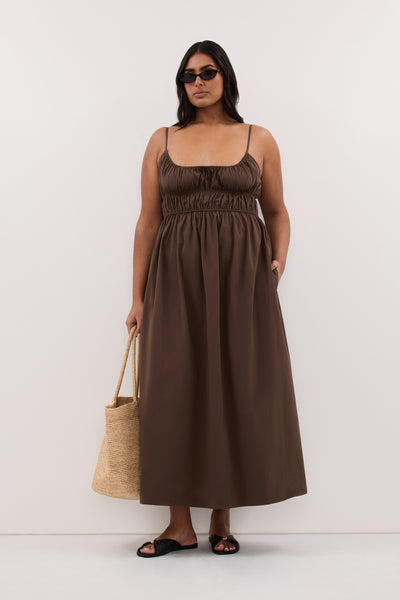 Shanaya wearing ZAHARA BITTER CHOC COTTON MIDI DRESS