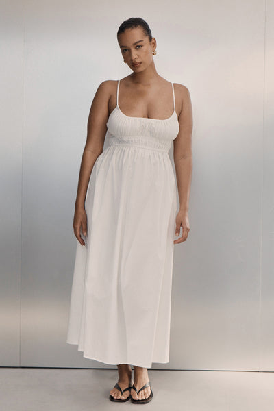 Shimma wearing ZAHARA WHITE COTTON MIDI DRESS - PRE ORDER
