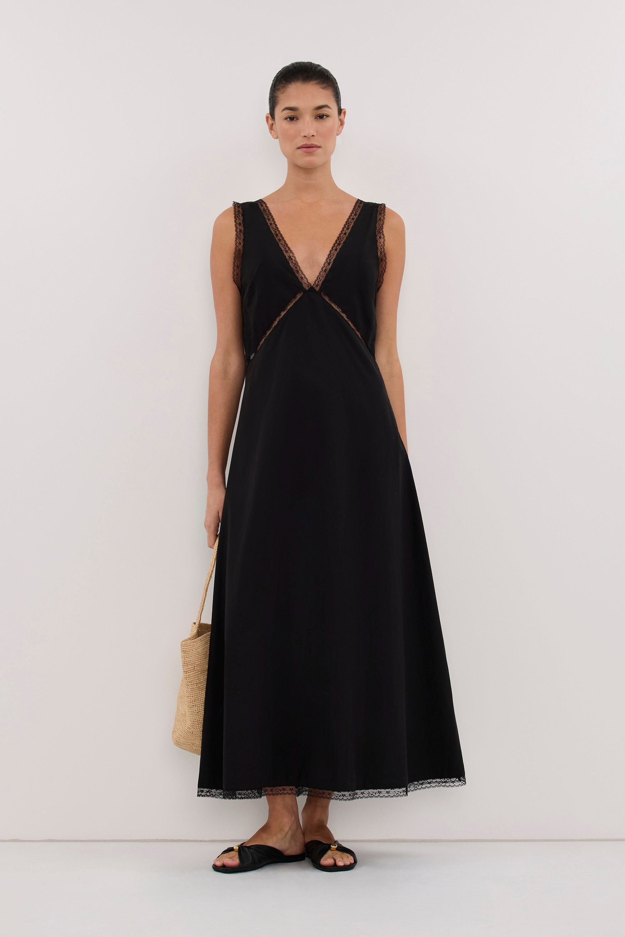 ROSIN BLACK LACE TRIM MIDI DRESS