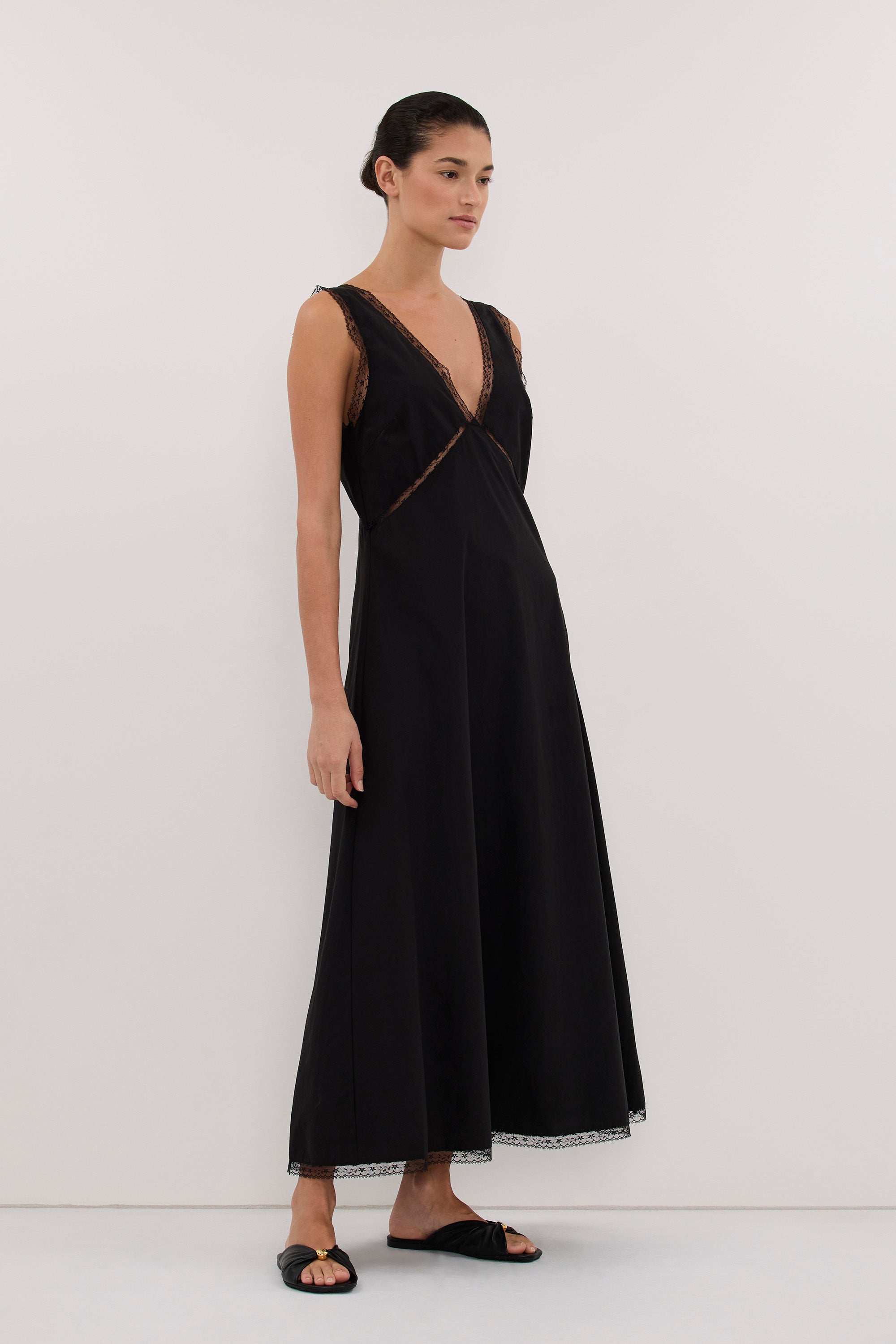 ROSIN BLACK LACE TRIM MIDI DRESS