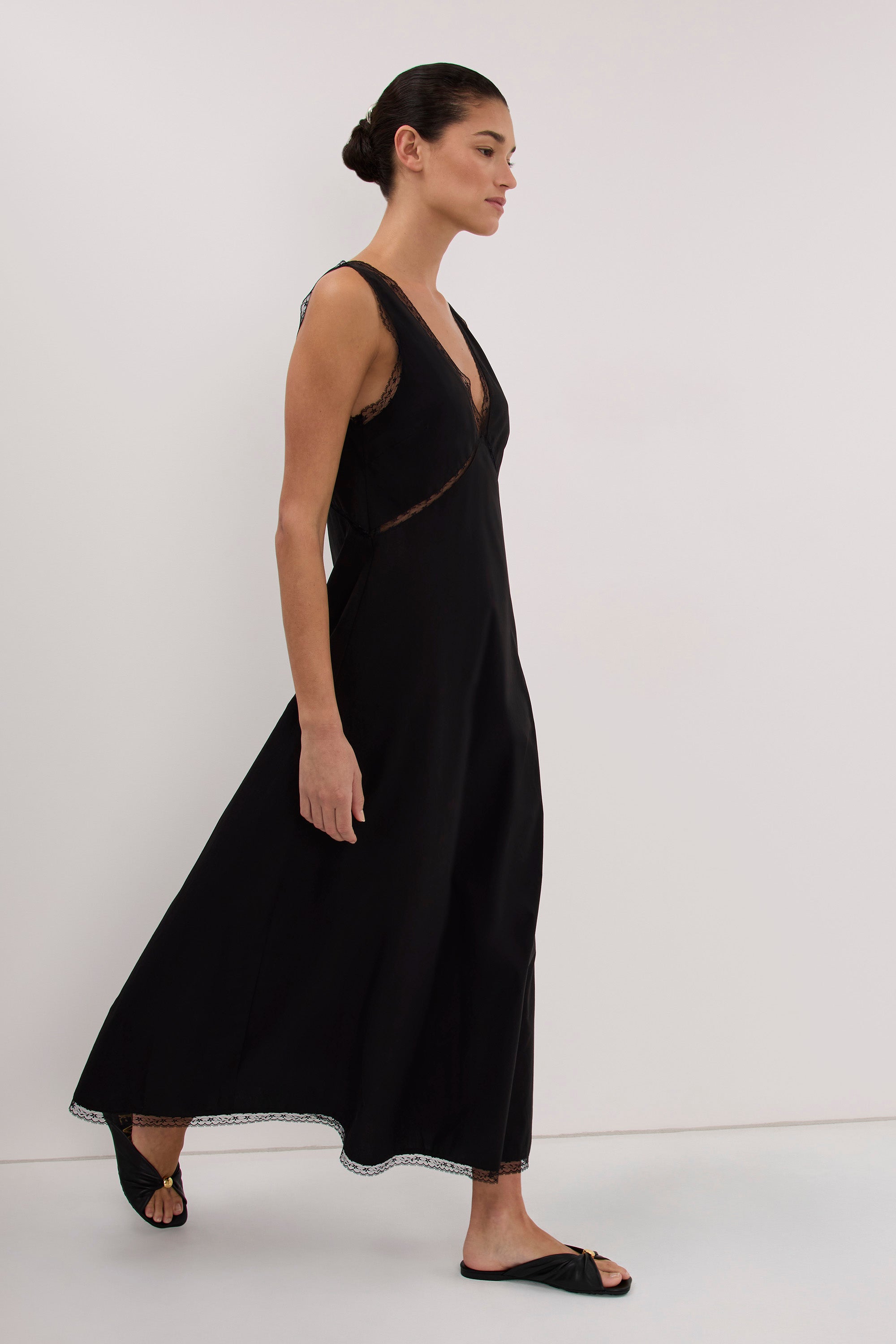 ROSIN BLACK LACE TRIM MIDI DRESS