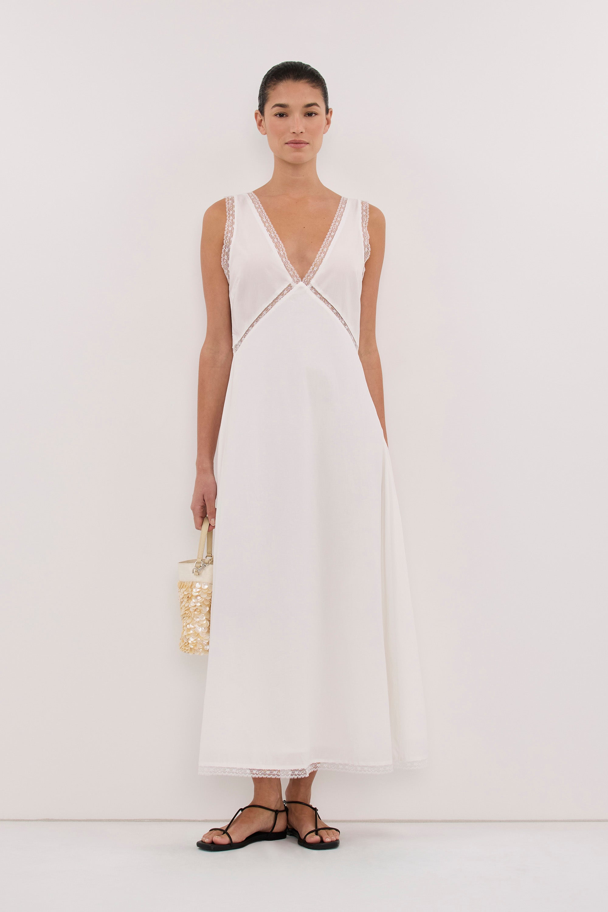 ROSIN WHITE LACE TRIM MIDI DRESS