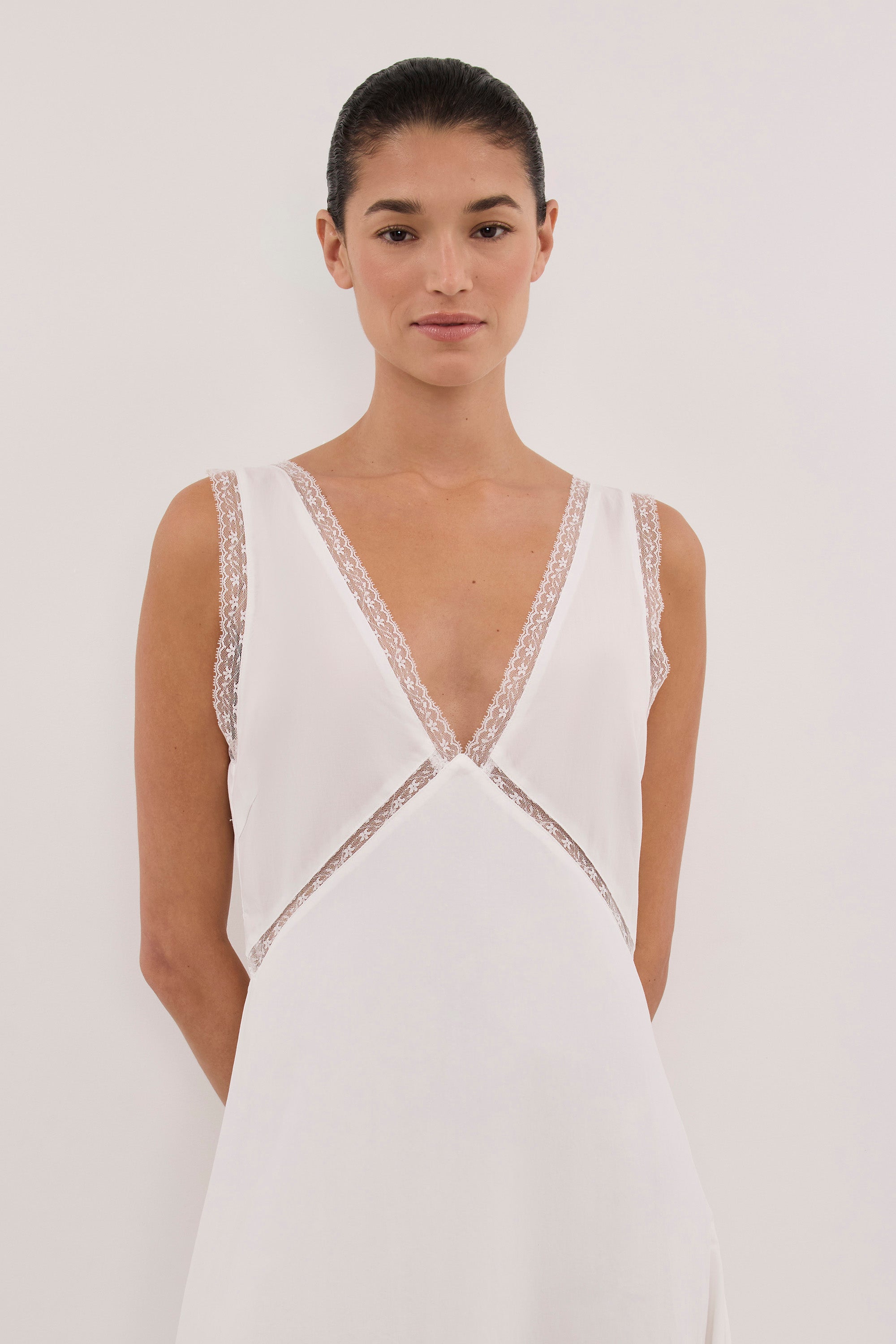 ROSIN WHITE LACE TRIM MIDI DRESS
