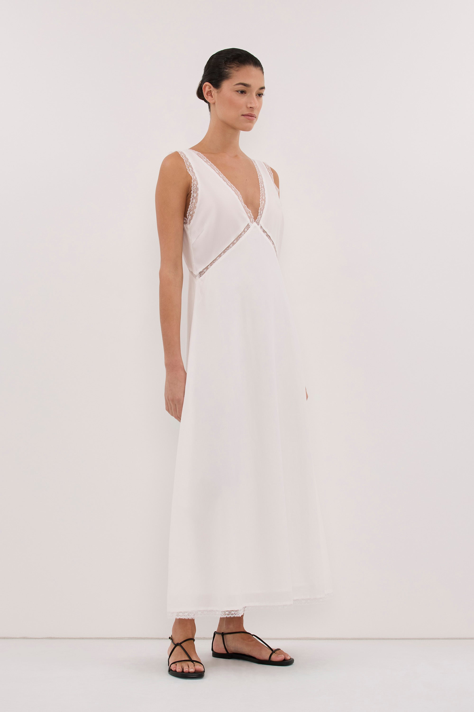 ROSIN WHITE LACE TRIM MIDI DRESS