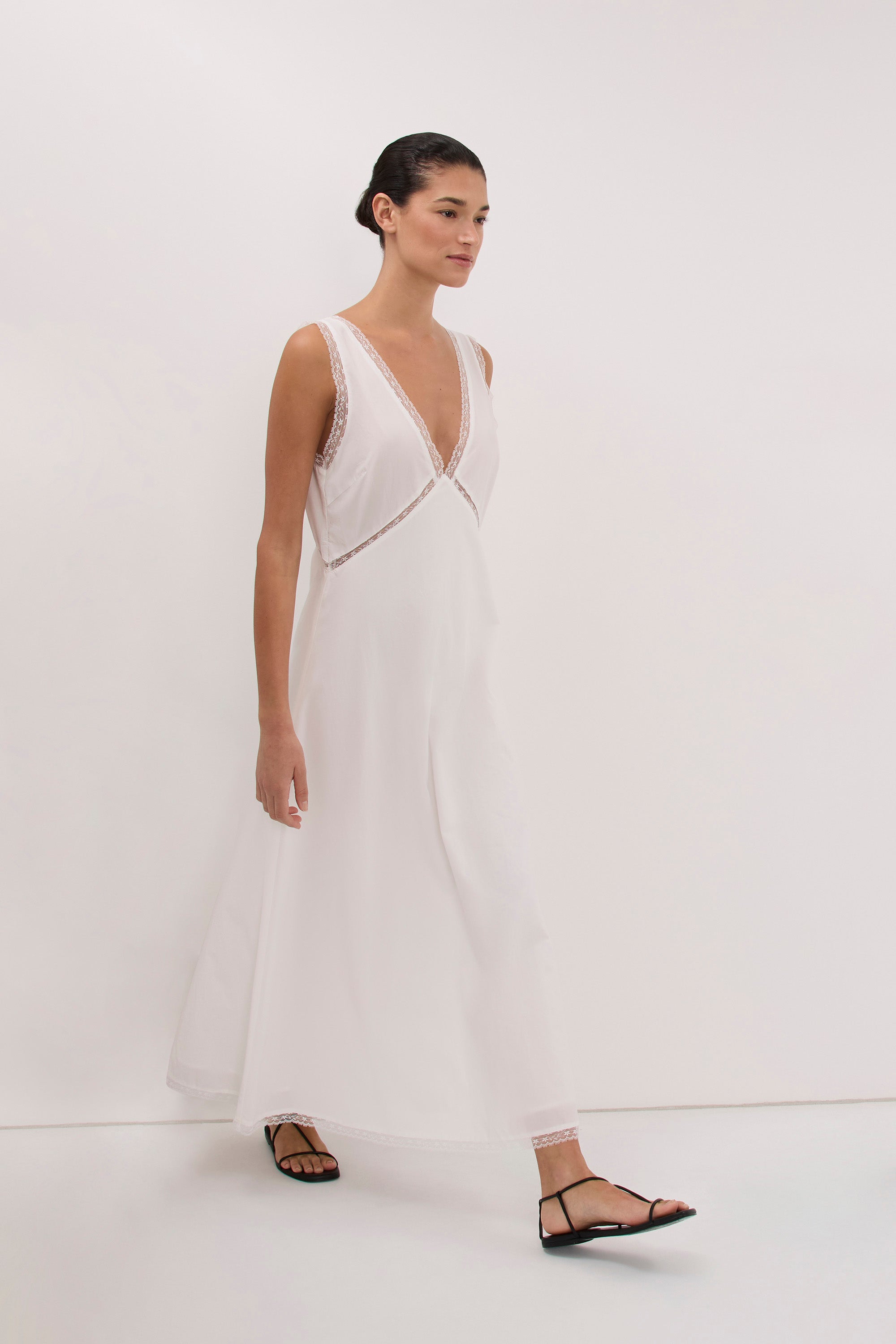 ROSIN WHITE LACE TRIM MIDI DRESS