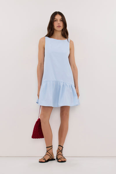 Helena  wearing JO CORNFLOWER DROP WAIST MINI DRESS