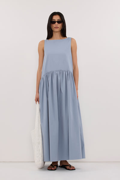 Zoey wearing JO SLATE DROP WAIST MIDI DRESS