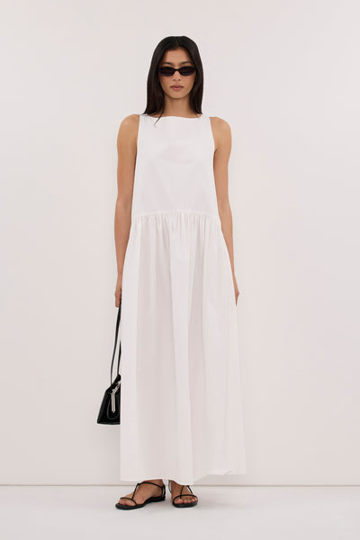 Zoey wearing JO WHITE DROP WAIST MIDI DRESS