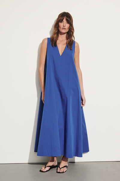 Montana wearing ORLENA COBALT V NECK COTTON MIDI DRESS