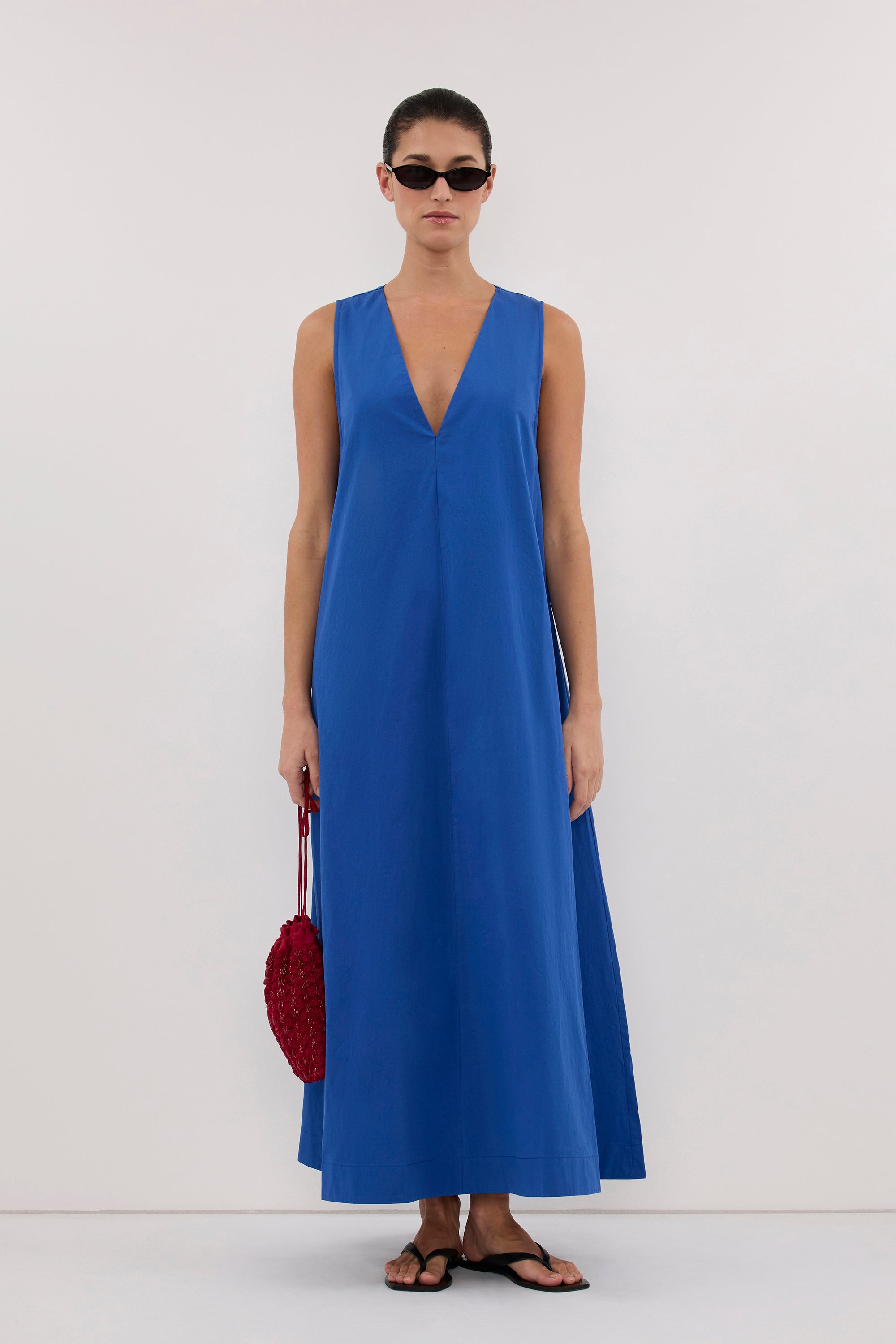 ORLENA COBALT V NECK COTTON MIDI DRESS
