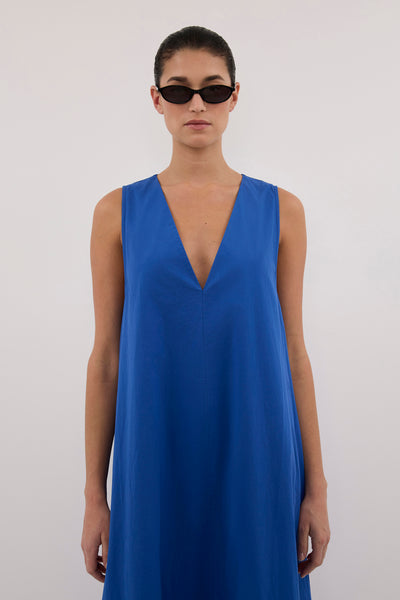 Aude wearing ORLENA COBALT V NECK COTTON MIDI DRESS