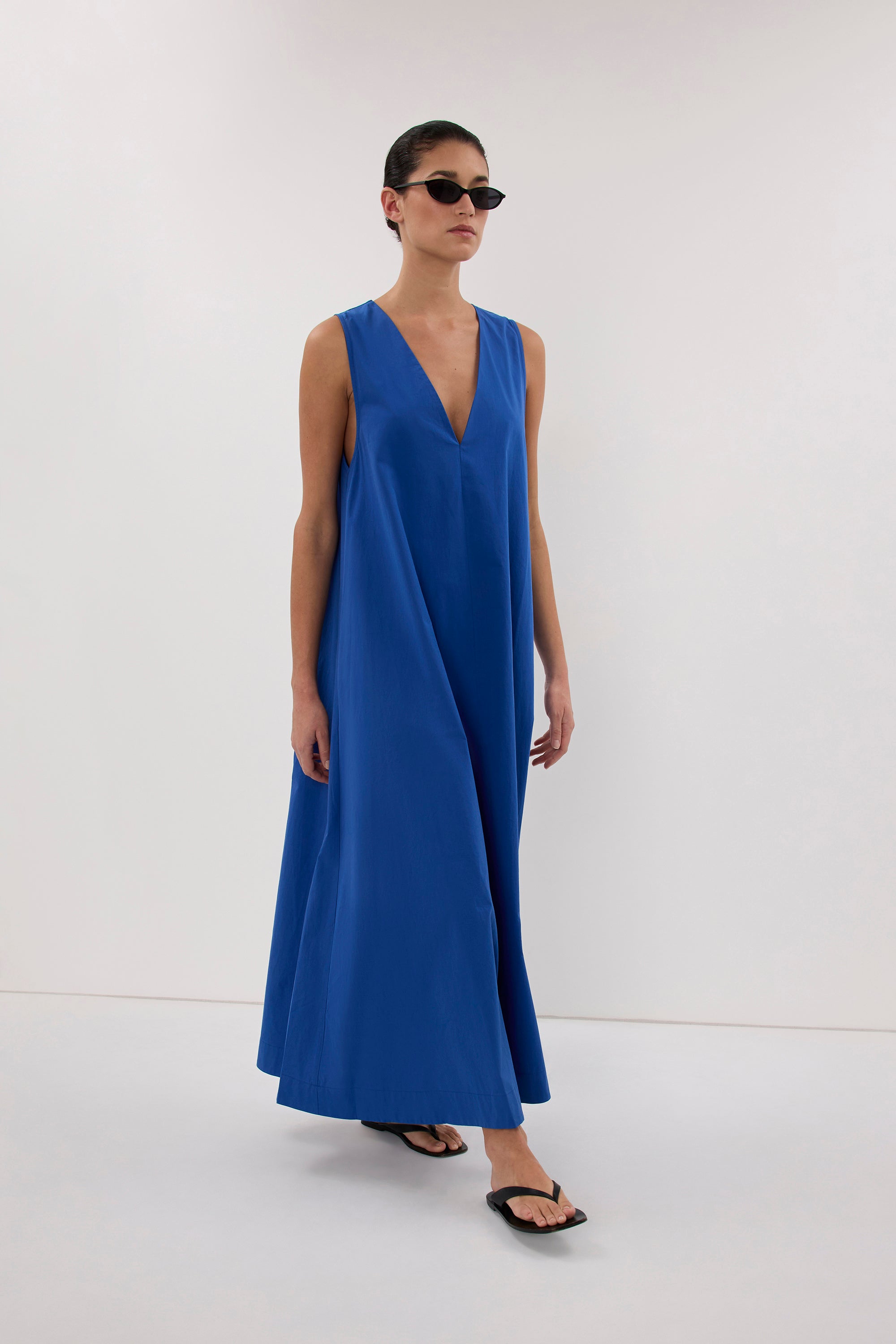 ORLENA COBALT V NECK COTTON MIDI DRESS