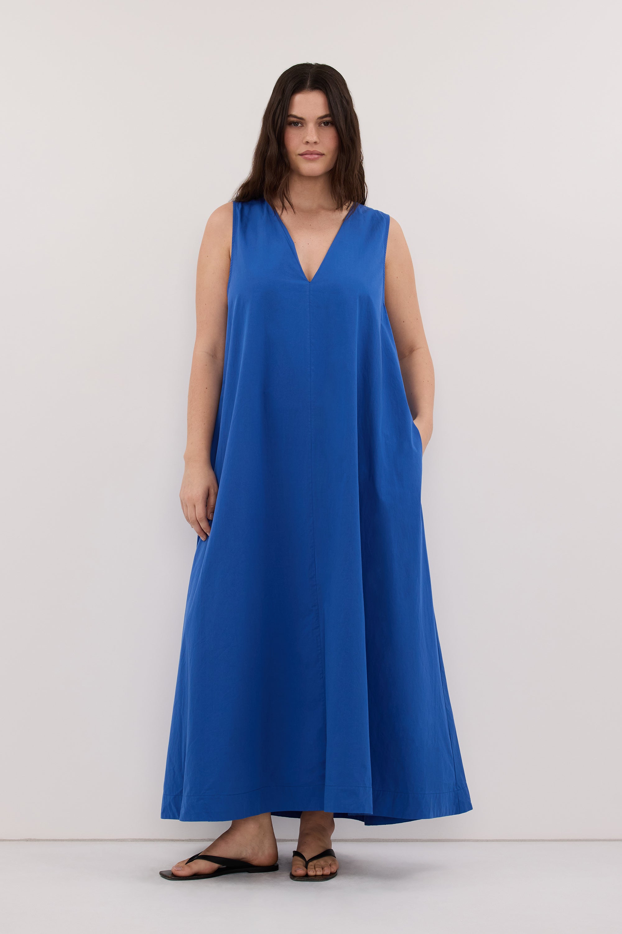 ORLENA COBALT V NECK COTTON MIDI DRESS