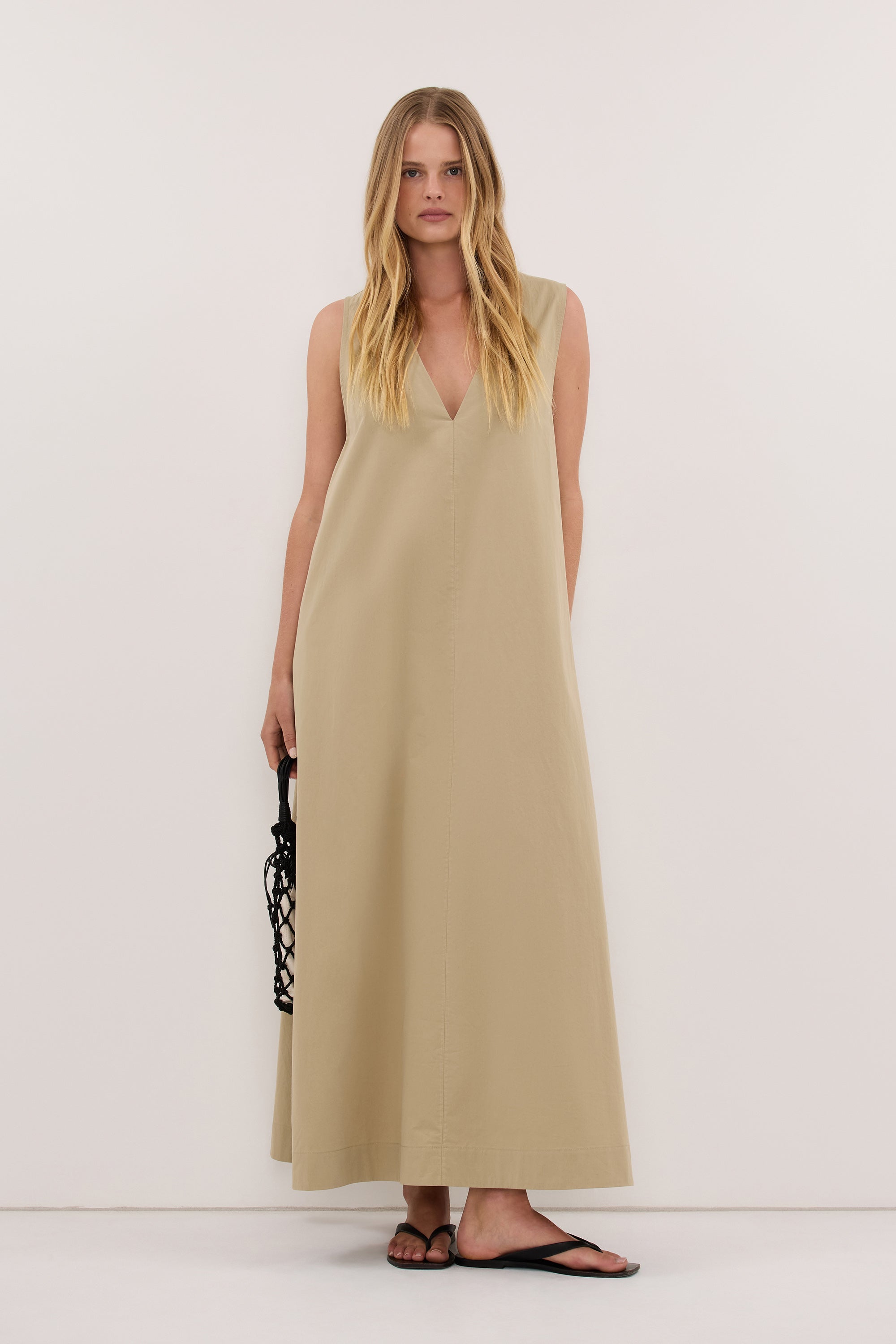 ORLENA ELM SAGE V NECK COTTON MIDI DRESS