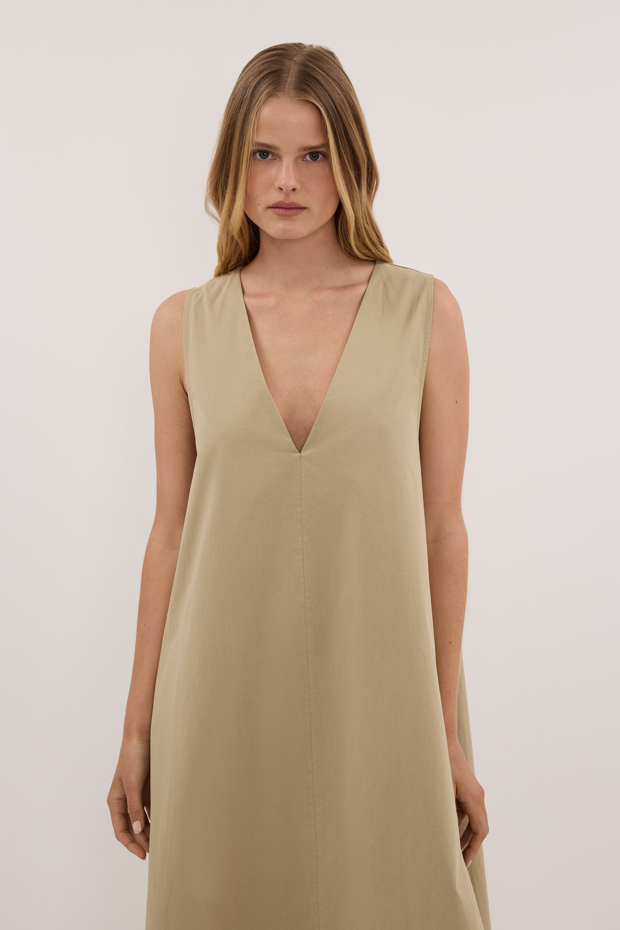 ORLENA ELM SAGE V NECK COTTON MIDI DRESS