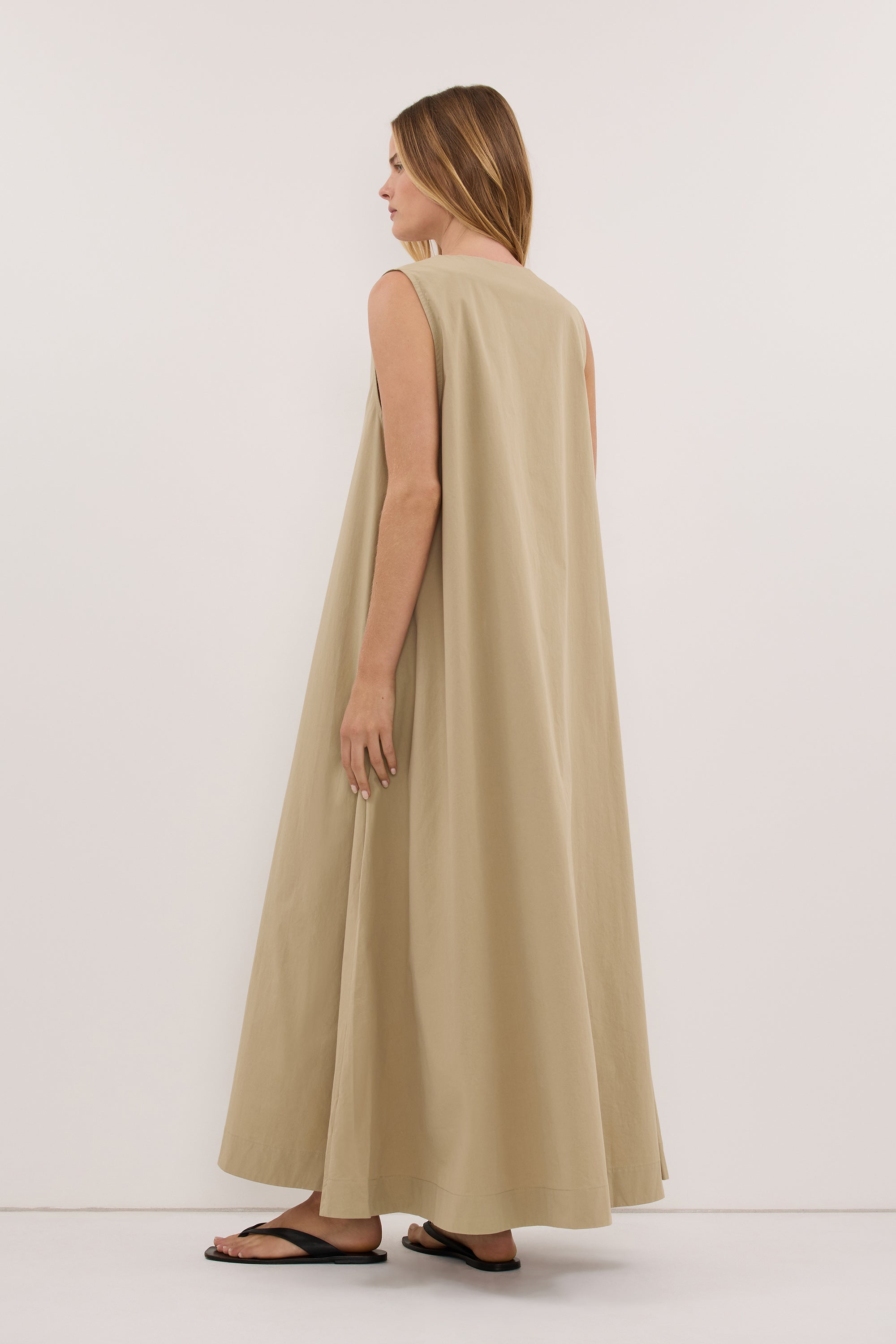 ORLENA ELM SAGE V NECK COTTON MIDI DRESS