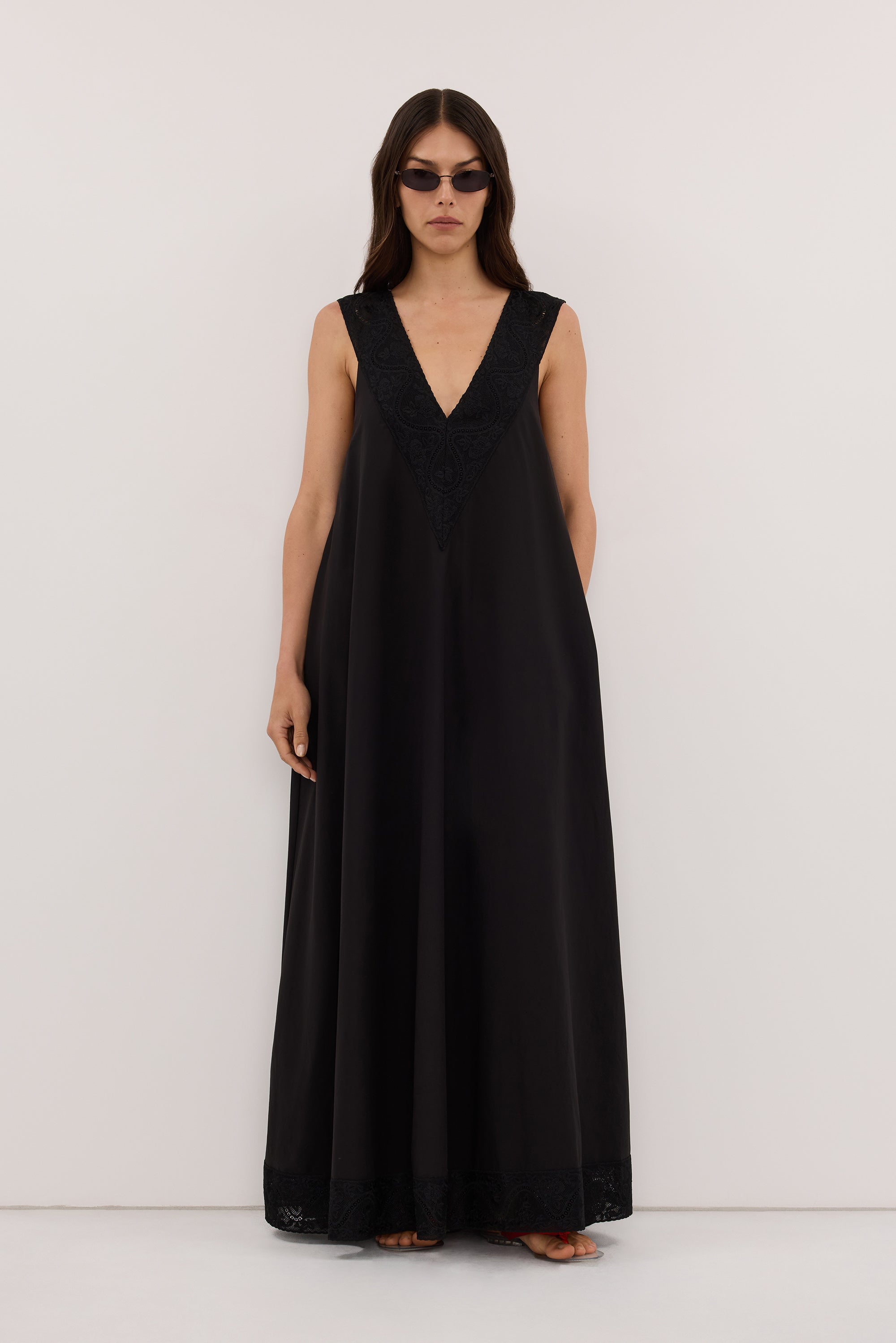 AMOUR BLACK LACE TRIM MIDI DRESS