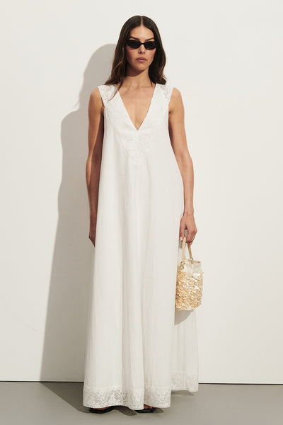 Helena  wearing AMOUR WHITE LACE TRIM MIDI DRESS