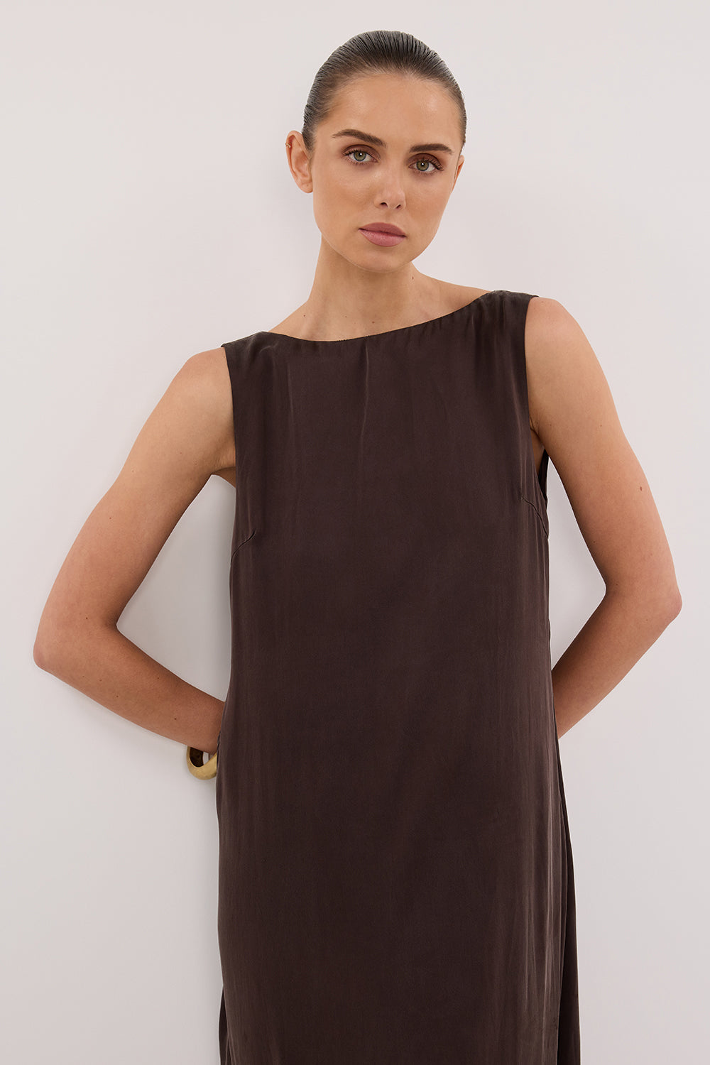 LAYLA BITTER CHOC SILK MIDI DRESS