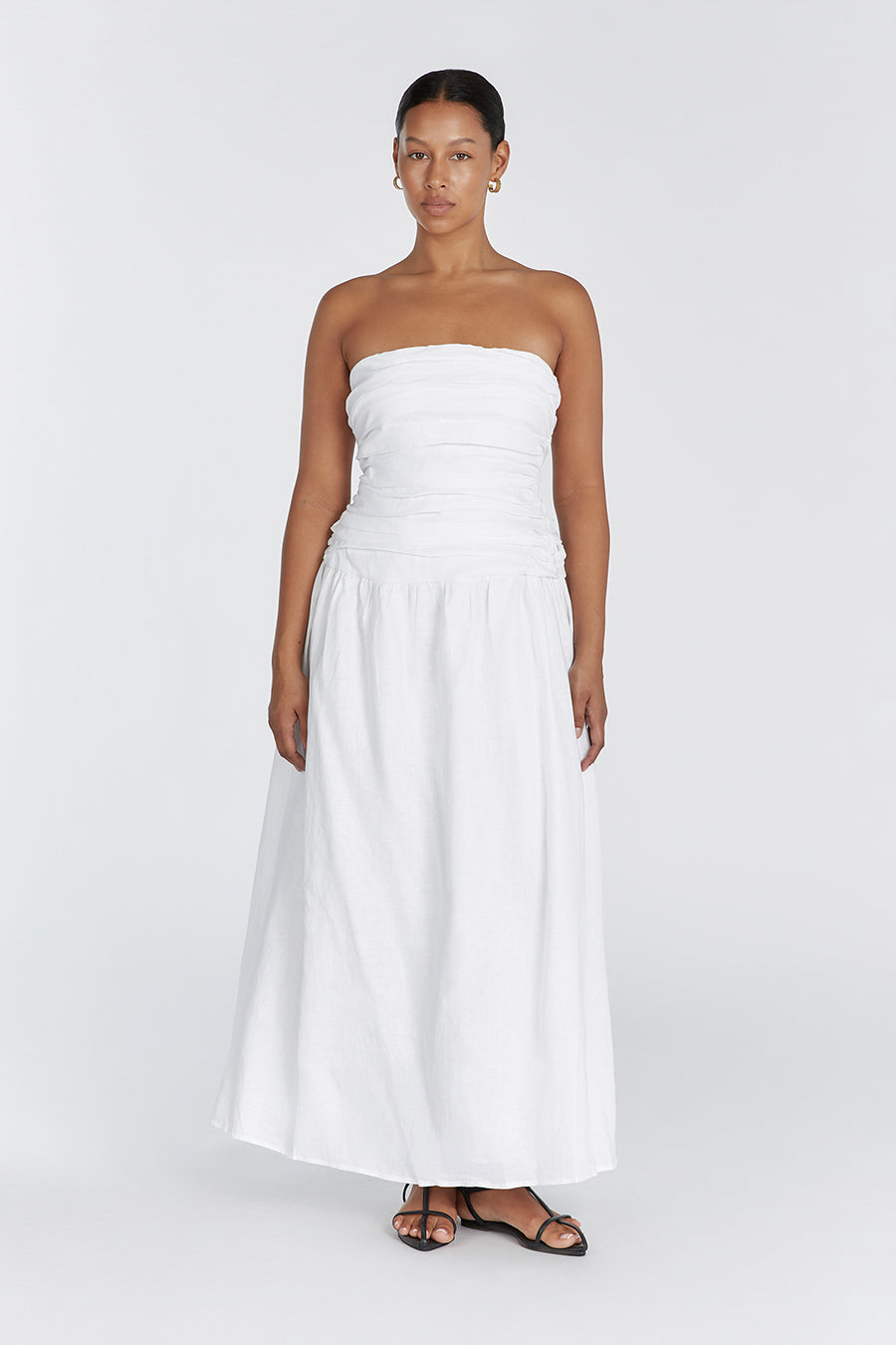 CATANIA WHITE LINEN STRAPLESS DRESS | Dissh