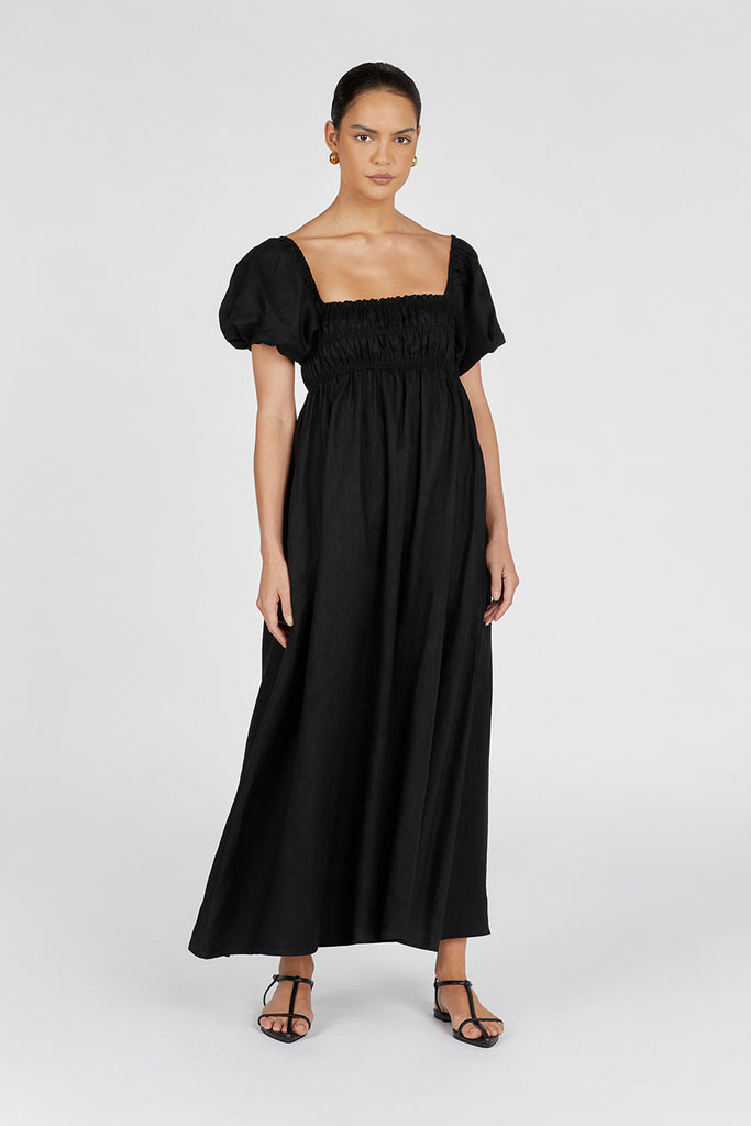 BIANCA BLACK LINEN MIDI DRESS Dissh