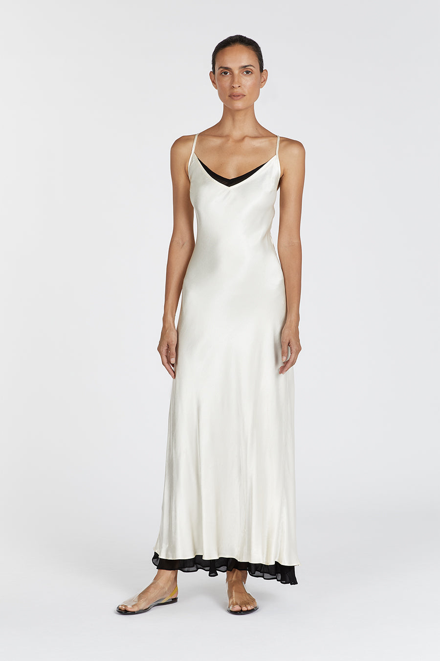 FAY CREAM SATIN V NECK SLIP DRESS Dissh