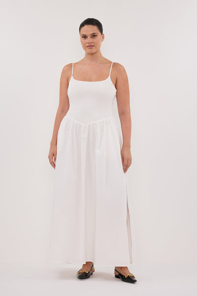 Jasmine wearing MILANO WHITE COTTON MIDI DRESS